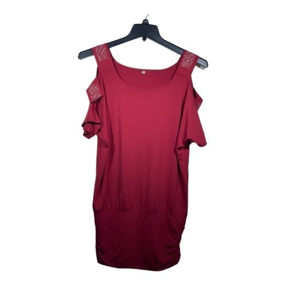 Unbranded Womens Deep Red Rauched Waist Tunic Top Cut out Sleeve